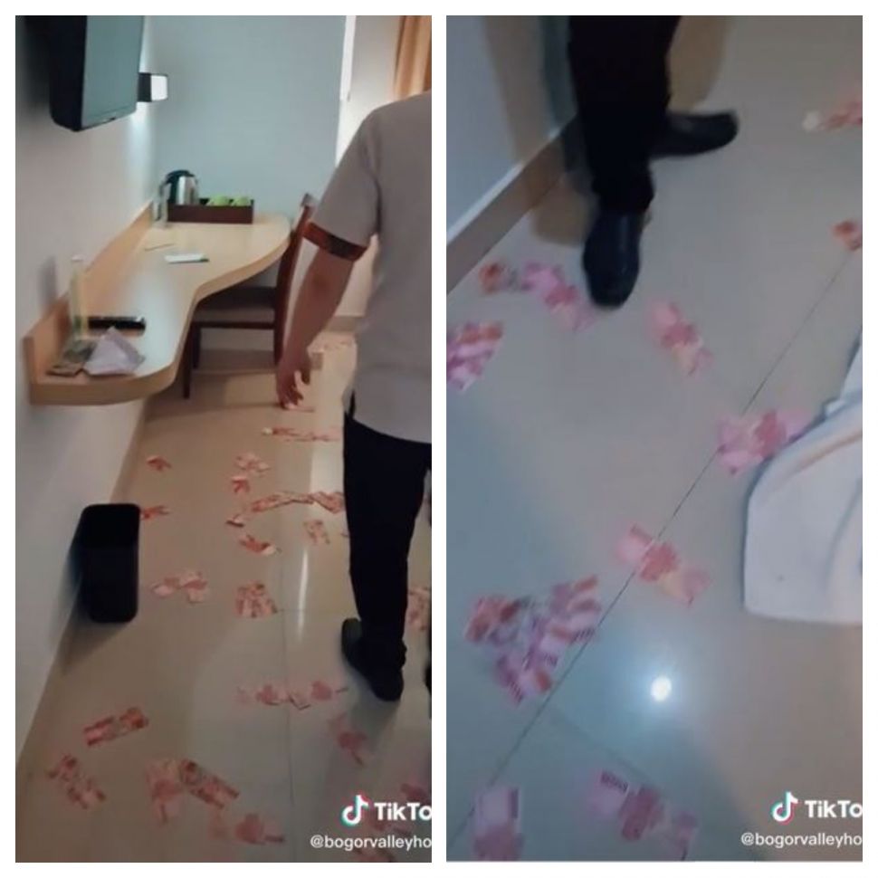 Uang pecahan Rp100 ribu berhamburan di lantai (TikTok @bogorvalleyhotel)