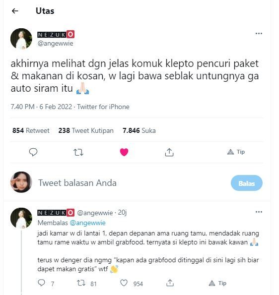 Menangkap basah pencuri makanan di kos (Twitter @angewwie)