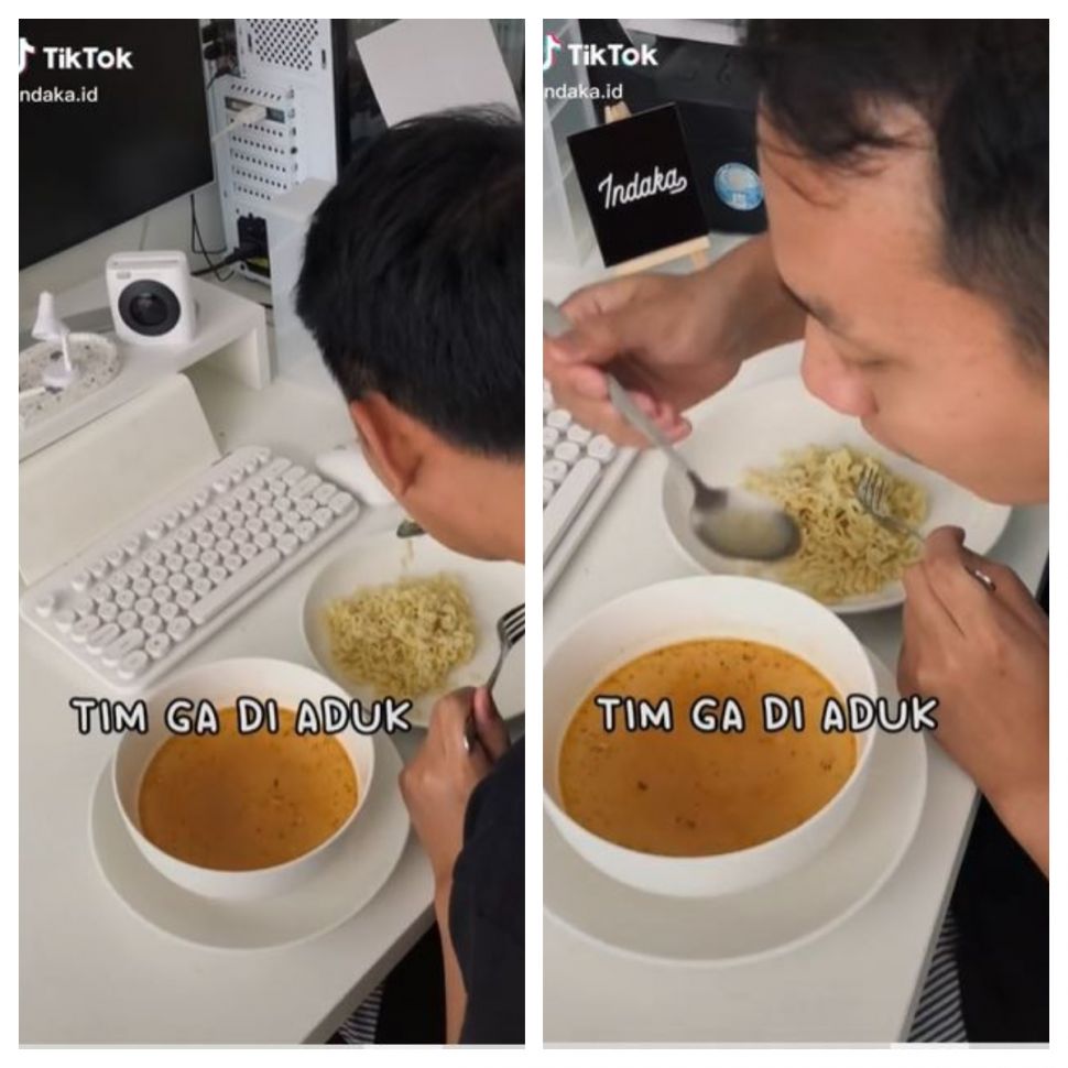 Cara nyeleneh makan mi instan rebus (TikTok @indaka.id)