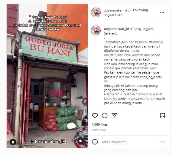 Gudeg Jogja Bu Hani (Instagram @doyanmakan_jkt)