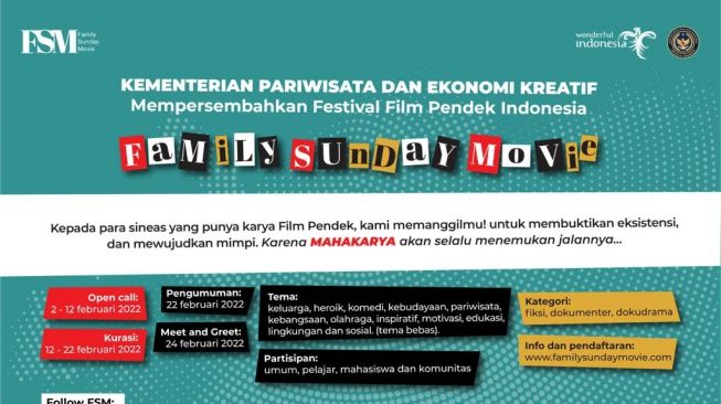 Festival film pendek Family Sunday Movie (SFM) 2022 yang digelar oleh Kementerian Pariwisata dan Ekonomi Kreatif/Badan Pariwisata dan Ekonomi Kreatif (Kemenparekraf).