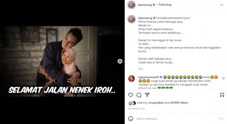 Baim Wong mengabarkan Nenek Iroh meninggal dunia. (Instagram/baimwong)