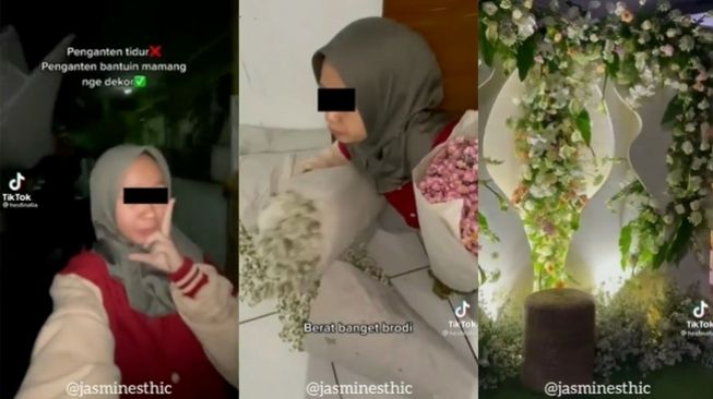 Pengantin perempuan malah ikut bantu dekorasi pernikahan. (Instagram/@jasminesthic)