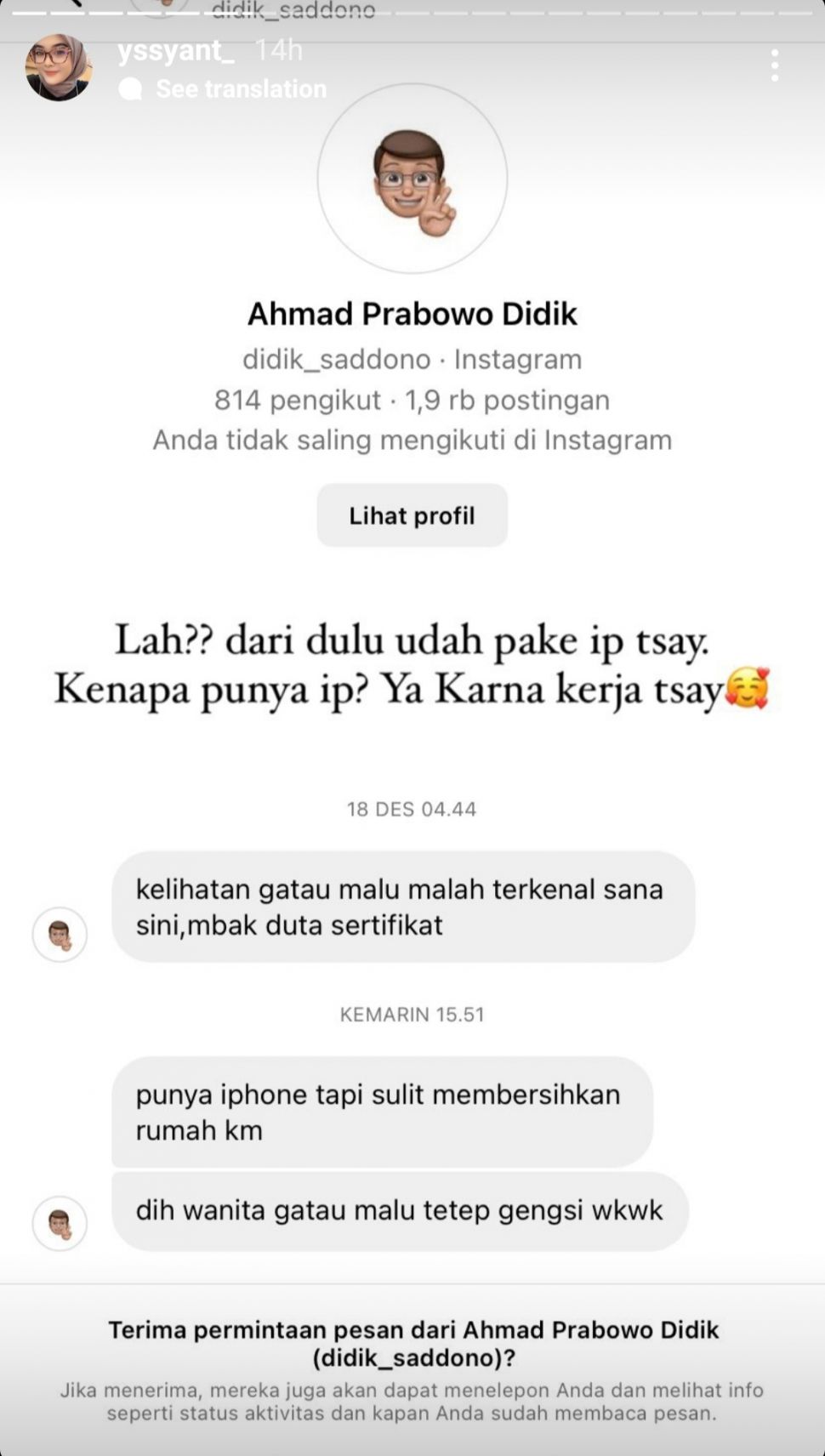 Yessy sewot disindir warganet karena pakai iphone tapi rumah berantakan. (dok. Instagram)