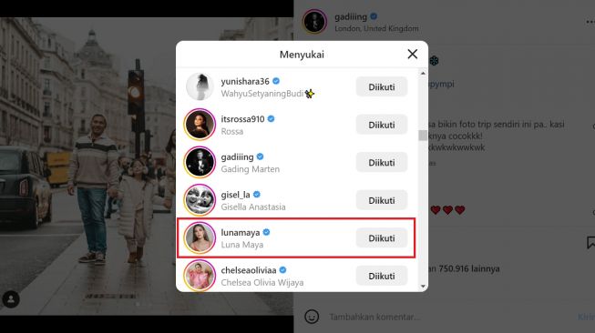 Luna Maya menyukai foto liburan Gading Marten dan Gisel (Instagram/@gadiiing)