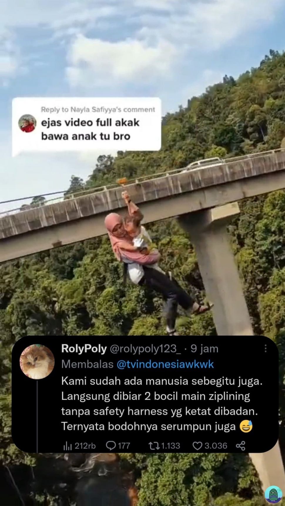 Mirip Ria Ricis, di Malaysia Juga Ada Ibu Ajak Bayi Main Flying Fox (Twitter @tanyakanrl)