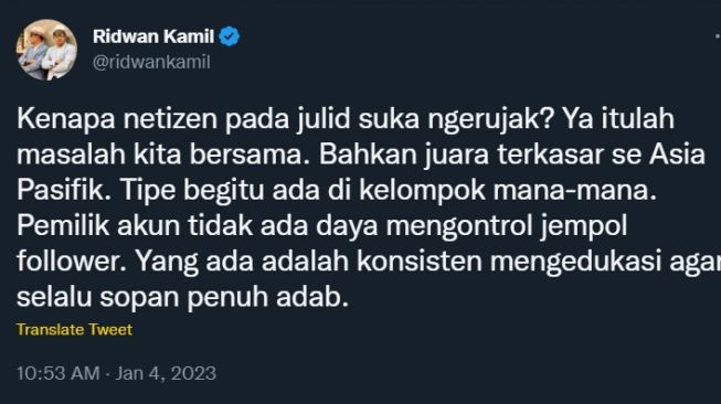 Cuitan Ridwan Kamil tentang netizen suka ngerujak. (Dok. Twitter)